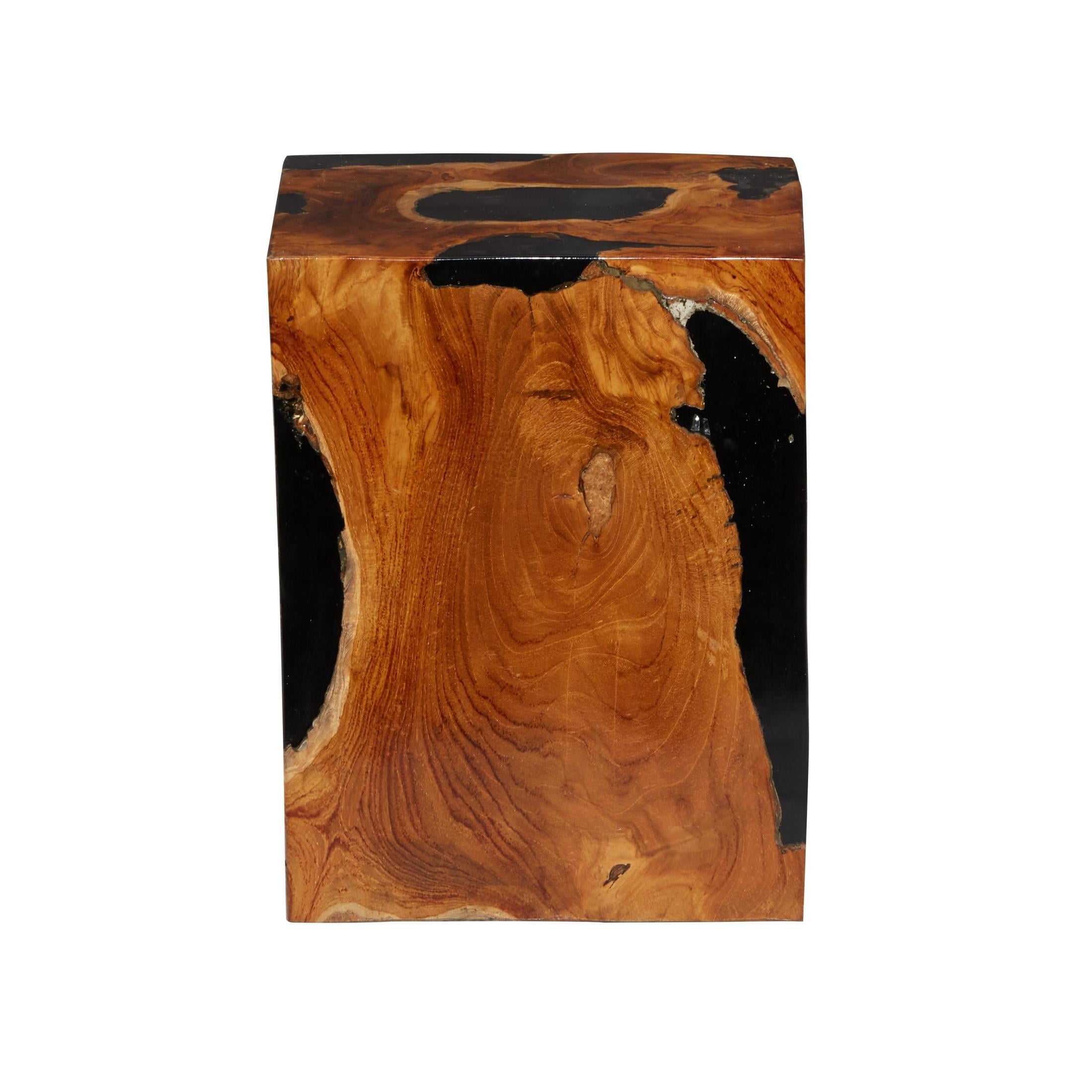 DecMode 12" x 15" Brown Teak Wood Block Abstract Accent Table with Black Resin Inlay, 1-Piece