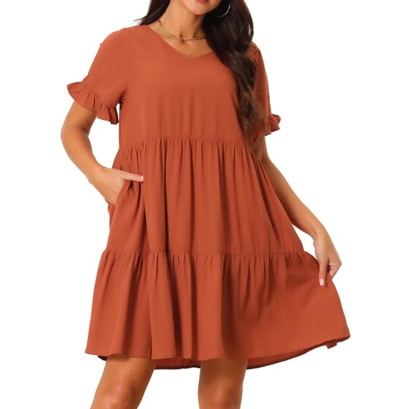 Unique Bargains Women's V Neck Ruffle Short Sleeve Dress with Pockets S Brick Red