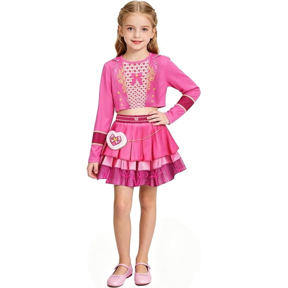 Guvpev G'irl Halloween Princess Costume - Pink Hearts Princess Dress up Outfits, Long Sleeve Heart Top & Skirt Set, Halloween Cosplay Costume for Role Play, Birthday Party & Everyday, 2-12 Y