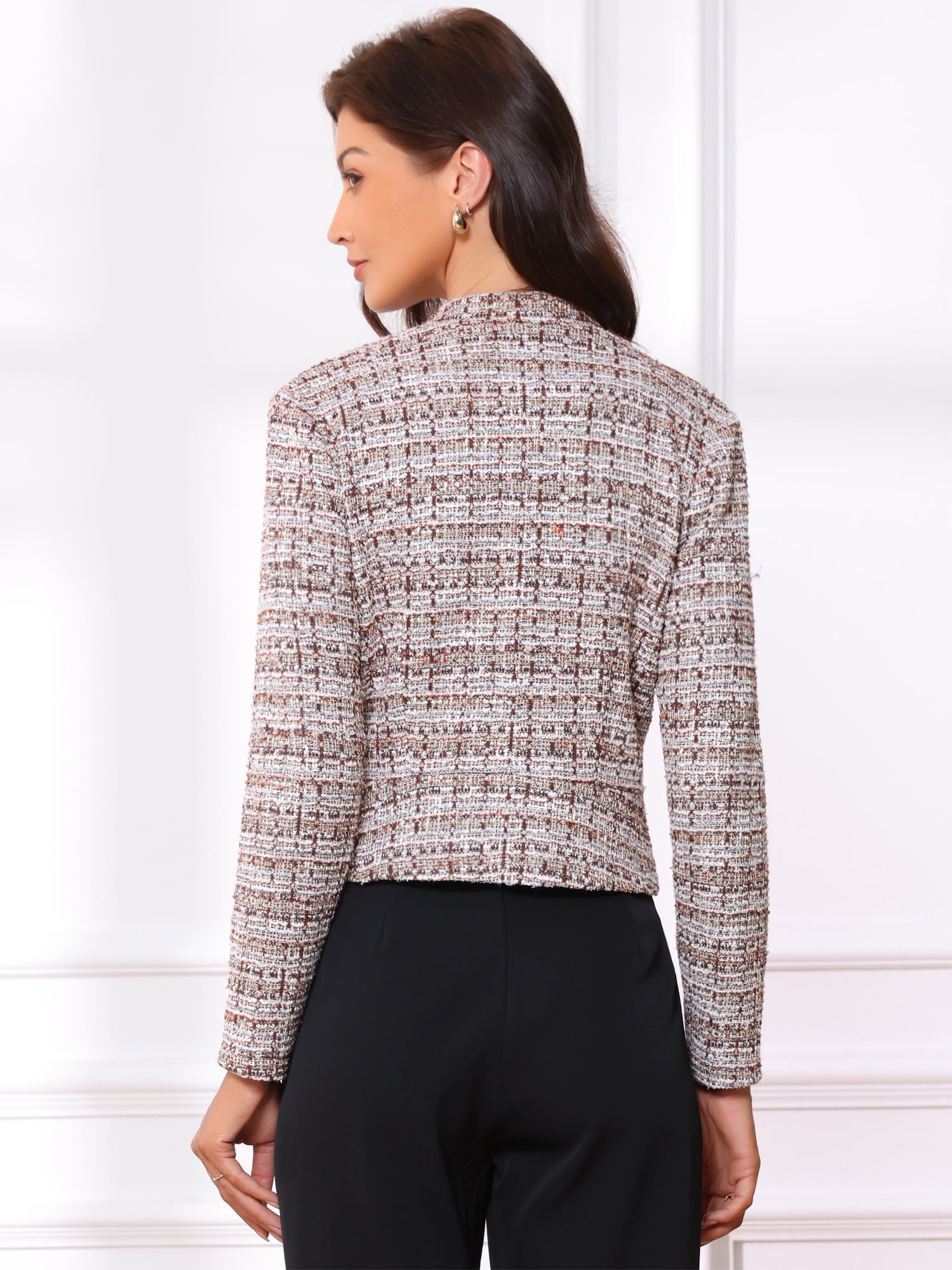 DARING DIVA Women's Comfortable Elegant Plaid Tweed Blazer Band Collar Jacket XL Brown