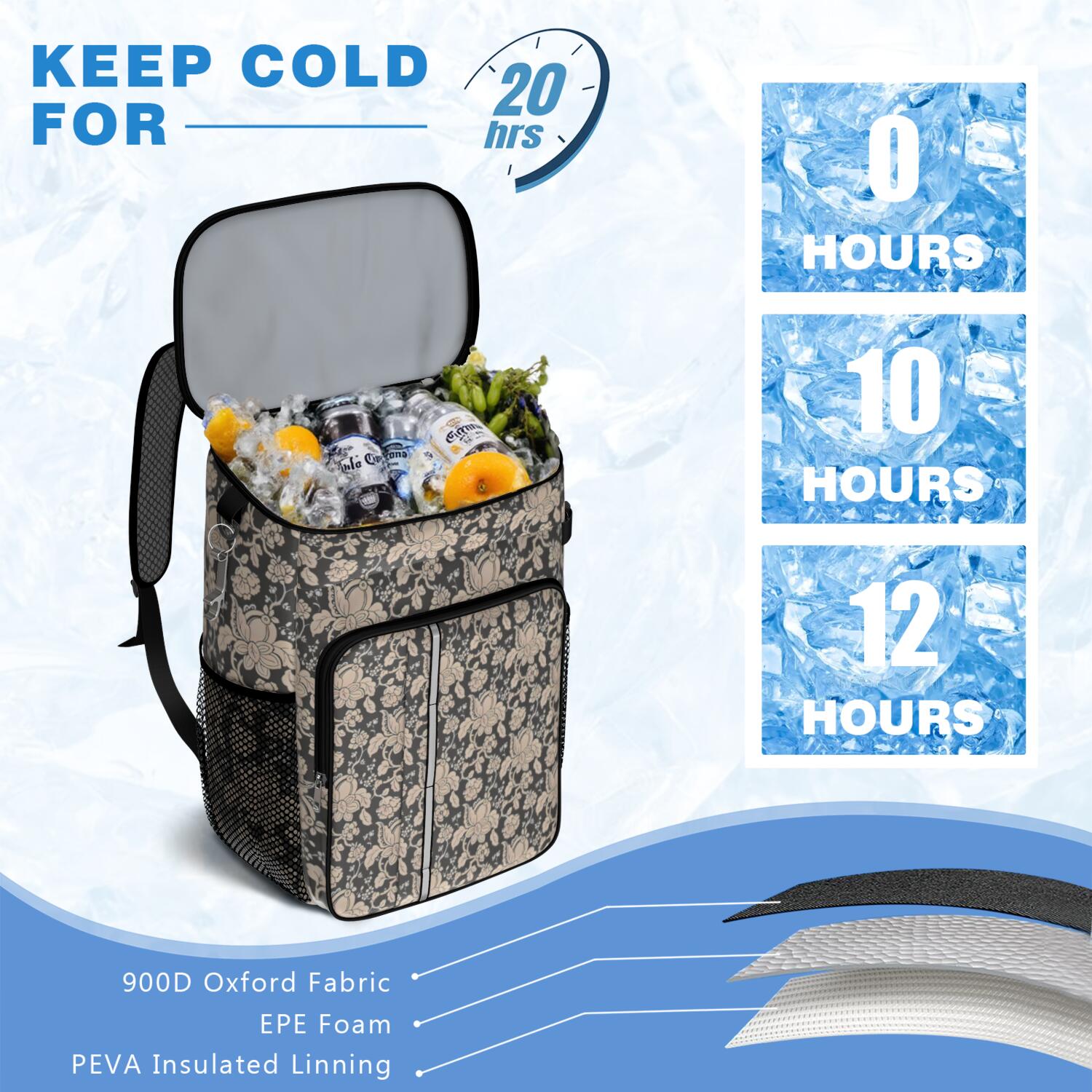 Travel Cooler Bag - Pioneer Flower Floral Print Pattern Camping Beer Cooler Backpack with Bottle Opener- Waterproof Insulated Picnic Backpacks - Cooler Bag for Beach