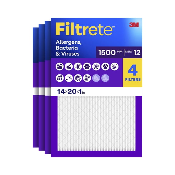 Filtrete 14x20x1 HVAC Furnace Air Filter, MPR 1500 MERV 12, Allergen, Bacteria, Virus, 4 Pack