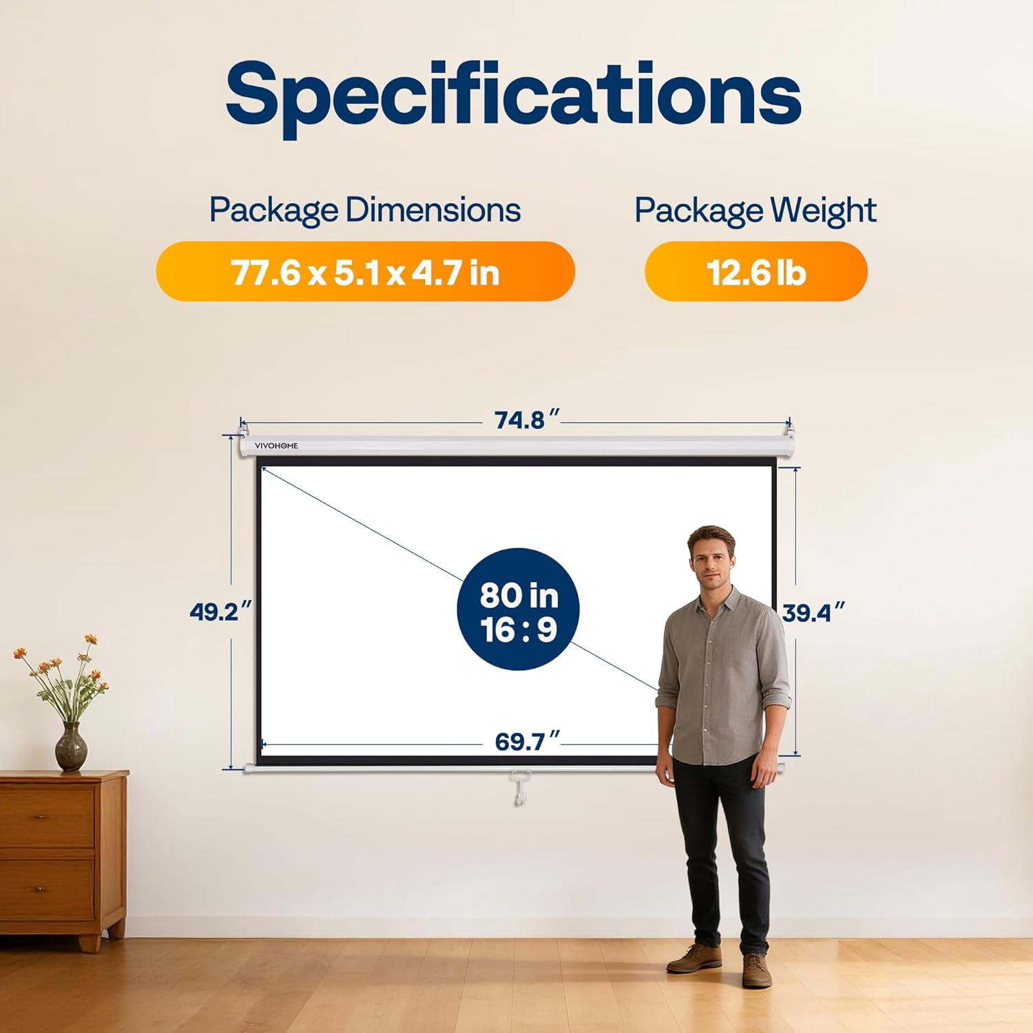 SPECSTAR 80 inch Manual Pull Down Projector Screen, 16:9 HD Retractable Projector Screens with Auto Locking for Movie Home Theater Cinema Office Video Game, White(70Wx40H Inch Display Area)
