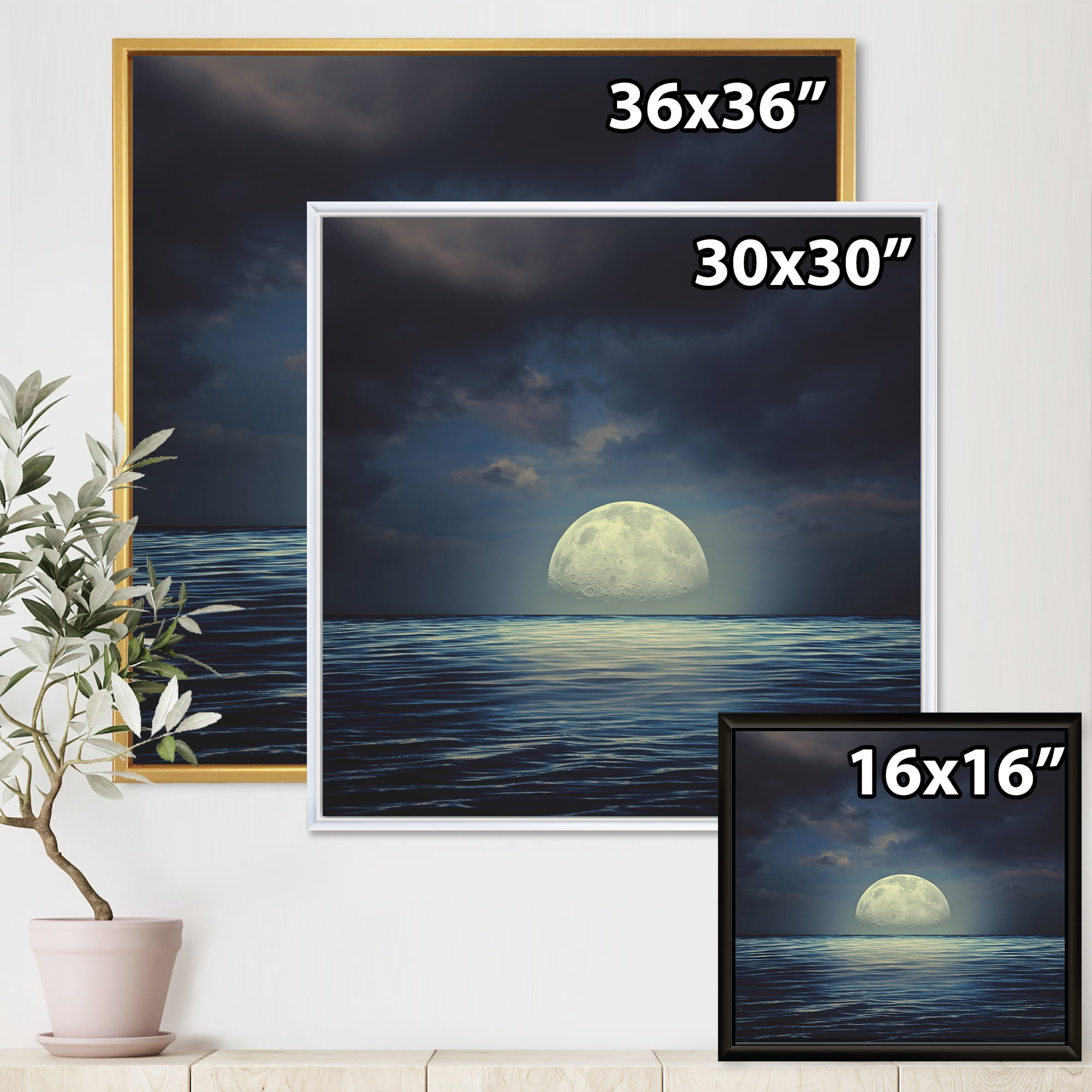 Designart 'Super Moon Over The Blue Sea' Nautical & Coastal Framed Canvas Wall Art Print