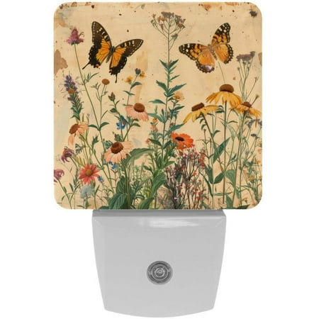 

Butterflies Wildflowers Vintage Pattern 2 Pack Night Lights Plug Into Wall Decorative With Auto Dusk-To-Dawn Sensor LED Night Light For Kids Adults Rooms Toilet Hallway Stairs