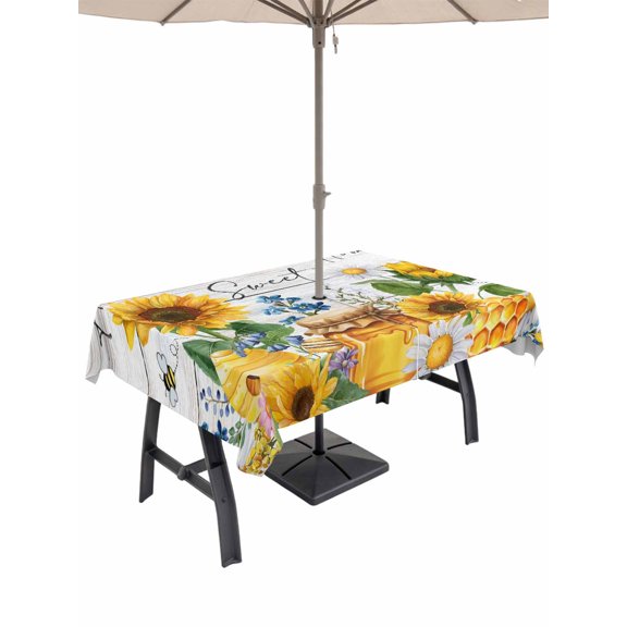 Outdoor Tablecloth with Umbrella Hole for Patio/Picnic/Party/Camping, Yellow Sunflowers Waterproof Table Cloth Rectangle Table Cover Washable, Elegant Pastoral Floral Watercolor Wooden (52"x 70")
