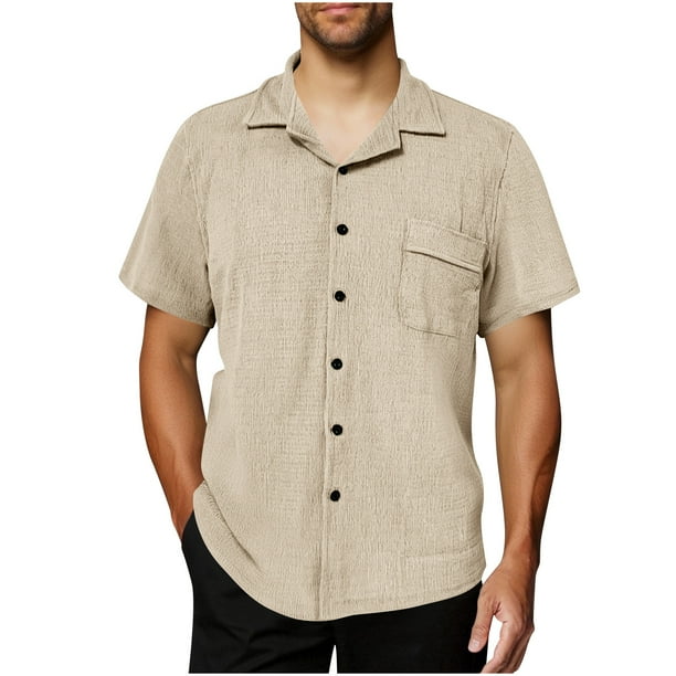 Blusa y camisa de manga corta con cuello vuelto para hombre, estilo casual de verano, a la moda, de color liso, con bolsillos y botones