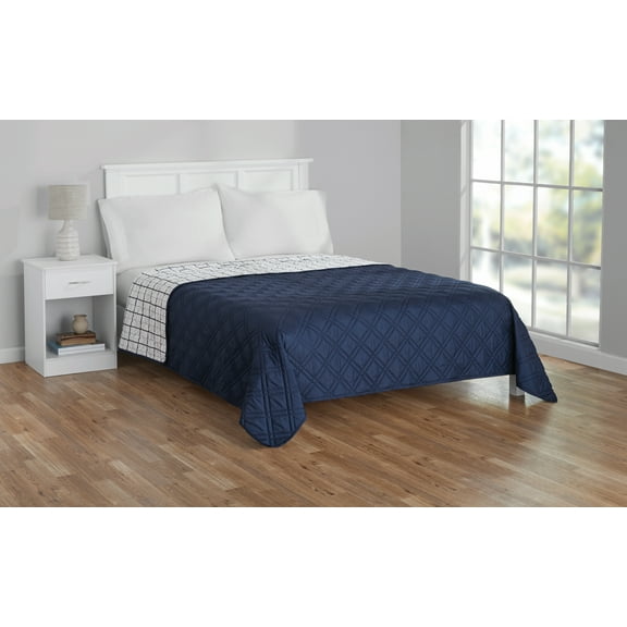 Mainstays Full/Queen Quilt – Soft Microfiber – Blue Plaid – Lightweight & Reversible Bedding