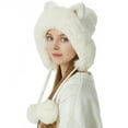 thumbnail image 4 of Womens Plush and Thick Knit Hat Cute Cat Ears Three Hair Ball Fashion Wool Hat Warm Hat Bomber Hats White, 4 of 4