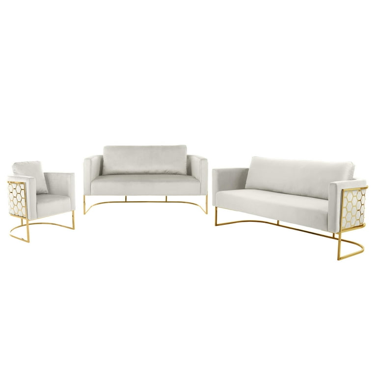 Glam Gold Cream Velvet Sofa Set 3pcs
