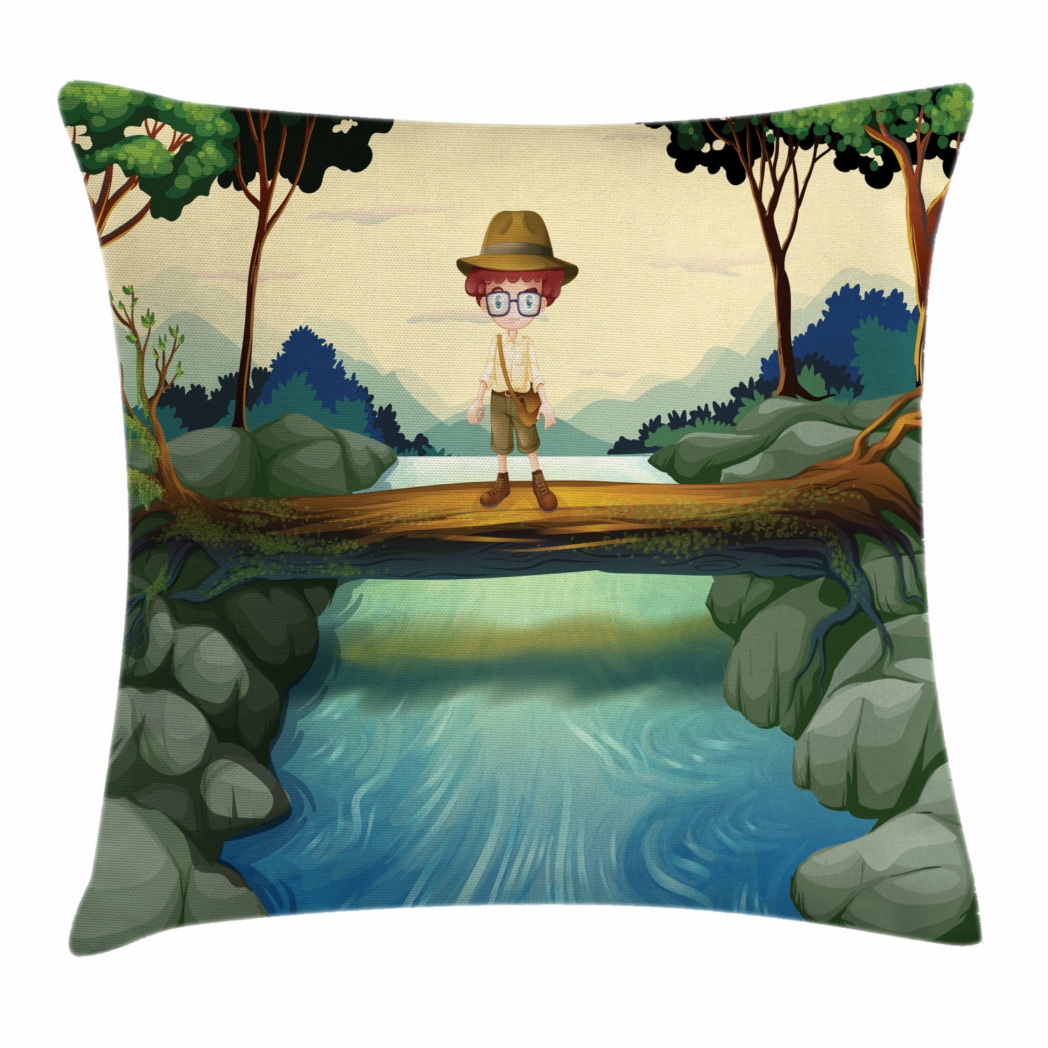 Boy Scout Throw Pillow Cushion Cover, Adventurous Kid Standing above the Trunk at the River Outdoor Activity Cartoon, Decorative Square Accent Pillow Case, 18 X 18 Inches, Multicolor, by Ambesonne
