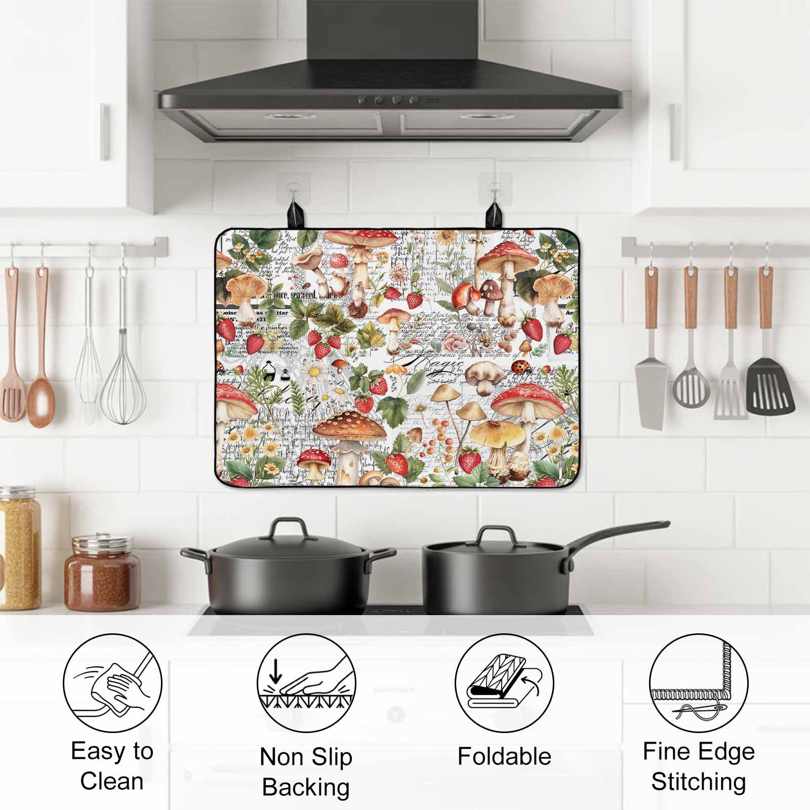 Mushroom Stove Top Cover for Electric Stove, Heat-proof & Non Slip Glass Top Stove Cover Protector, Pastoral Summer Botanical Watercolor Vintage Kitchen Flat Cooktop Rubber Mat 24x21 Inches