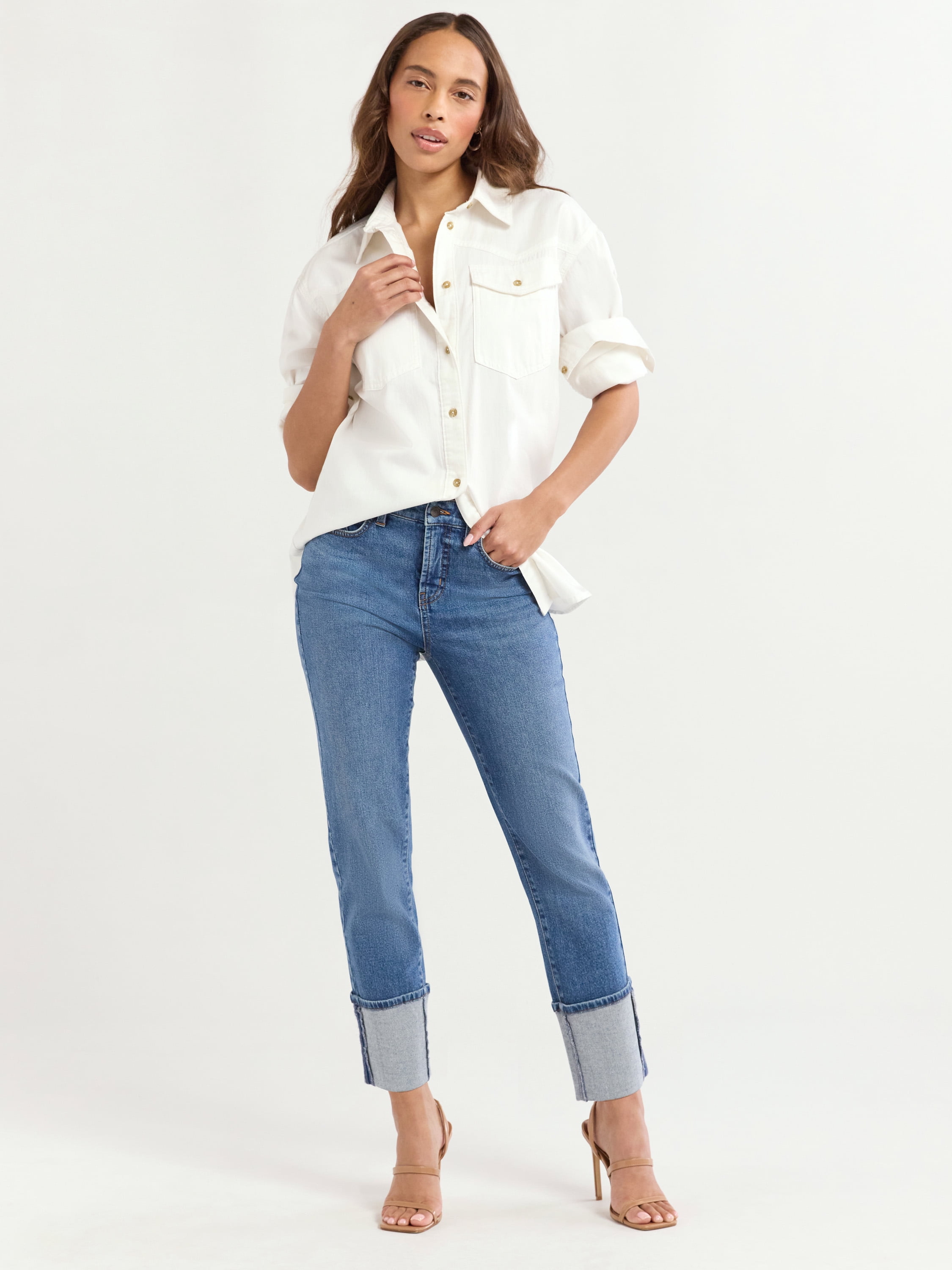 Sofia Jeans Women's and Women's Plus Sofia Oversized Boyfriend Shirt with Long Sleeves, Sizes XS-4X