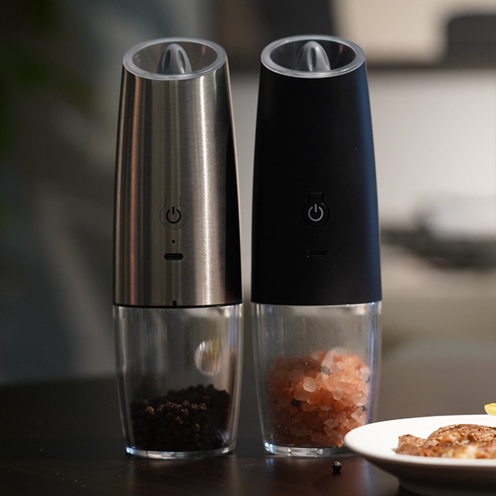 Electric Salt Pepper Grinder Set 6oz Capacity Adjustable Coarseness Pepper Shaker LED Light One Hand Operated Spice Grinder,Silver