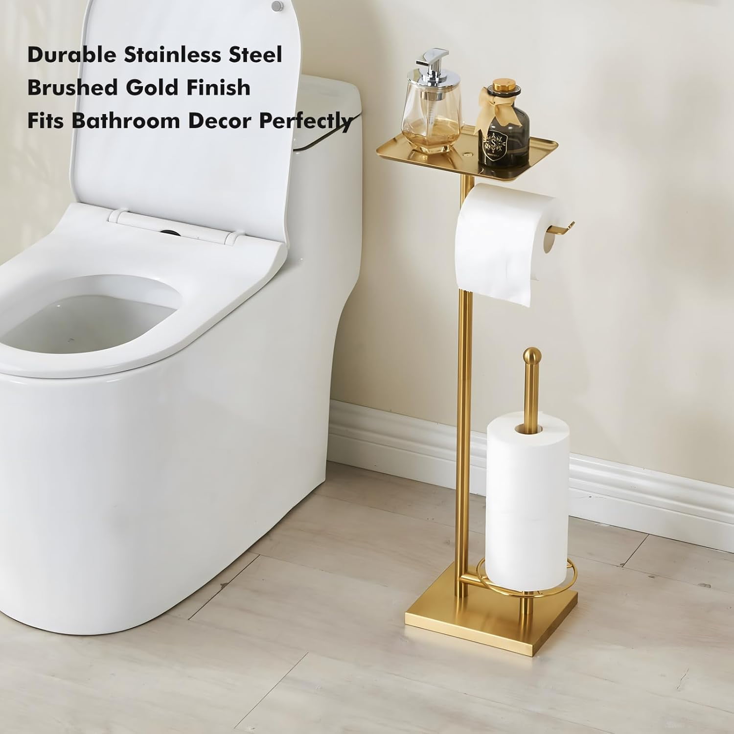 Toilet Paper Holder with Tray at The Top, Heavy-Weighted Base No Wobbly, Freestanding Toilet Paper Rolls Stand, Hold Extra 3 Paper Rolls On The Base (Gold)