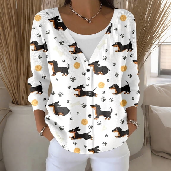 HCYSFG Womens Dachshund Print Cardigan Sweater V Neck Button Front Long Sleeve Paw Pattern Relaxed Fit Knit Casual Everyday Tops