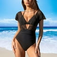 thumbnail image 2 of Womens Ruffled Swimsuits with Triangle Bikini Halter Top Swim Suits V Neck Ruched Short Sleeve Bathing Suit (M, Black), 2 of 7