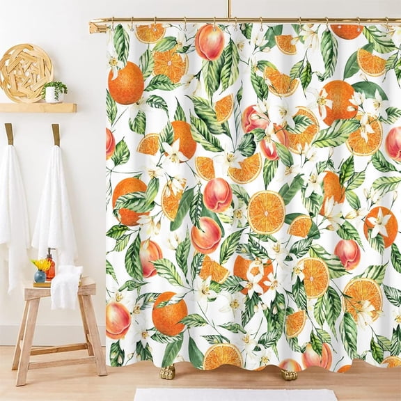 Orange Shower Curtain, Summer Fruits Shower Curtain for Bathroom Waterproof Fabric Green Leaves Shower Curtain Set with Hooks, 72x84 Inch