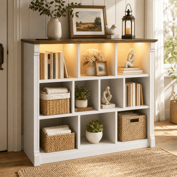 melmine 10 Cube Storage Organizer with Charging Station & LED Lights, Wood Bookcase Bookshelf Display Storage Shelf for Living Room, Bedroom, Home Office, White