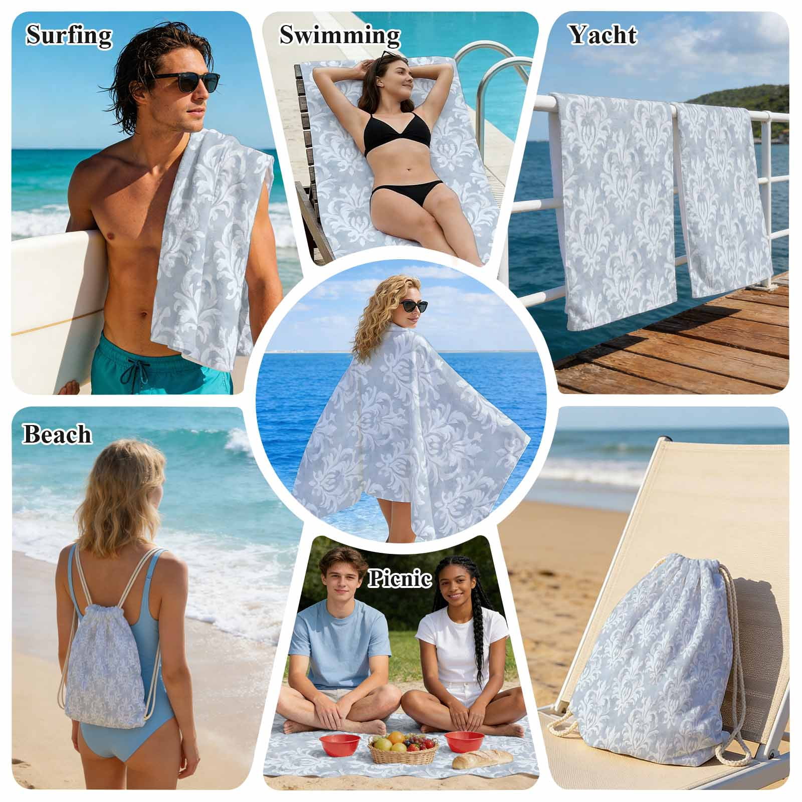 Beach Towel Backpack, Haze Blue Boho 2 in 1 Soft Absorbent Beach Blanket Travel Towels for Pool Swim Gym Picnic, Neutral Middle Century Turkish Pattern Portable Drawstring Bag Large 31.5x63 Inch
