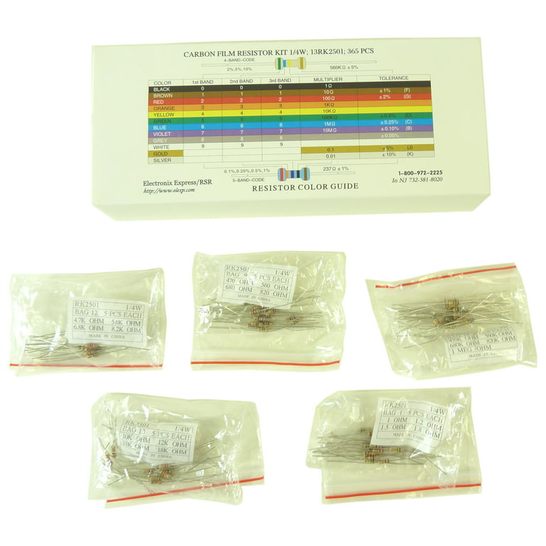 365 Piece Resistor Kit 1/4 Watt in Compartmentalized Cardboard Storage Box  