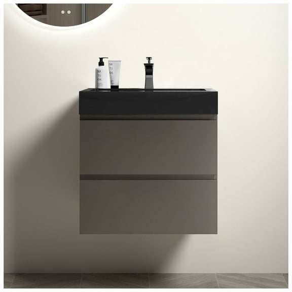 Alice 24" Gray Bathroom Vanity with Sink, Large Storage Wall Mounted Floating Bathroom Vanity for Modern Bathroom, One-Piece Black Sink Basin without Drain and , Pre-assembled