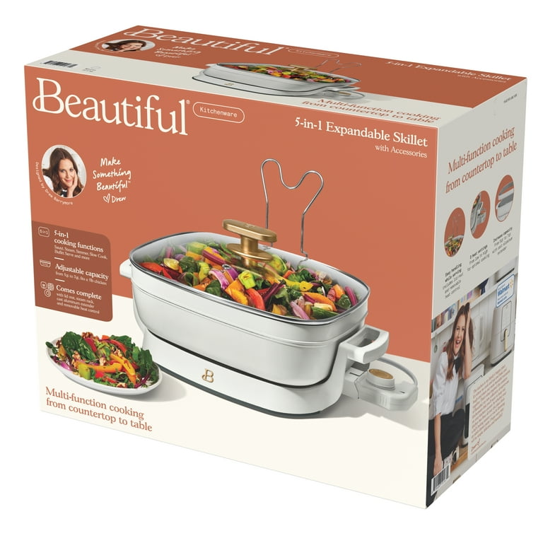 Beautiful 5 in 1 Electric Skillet Expandable up to 7 Qt with Glass Lid White Icing by Drew Barrymore Walmart