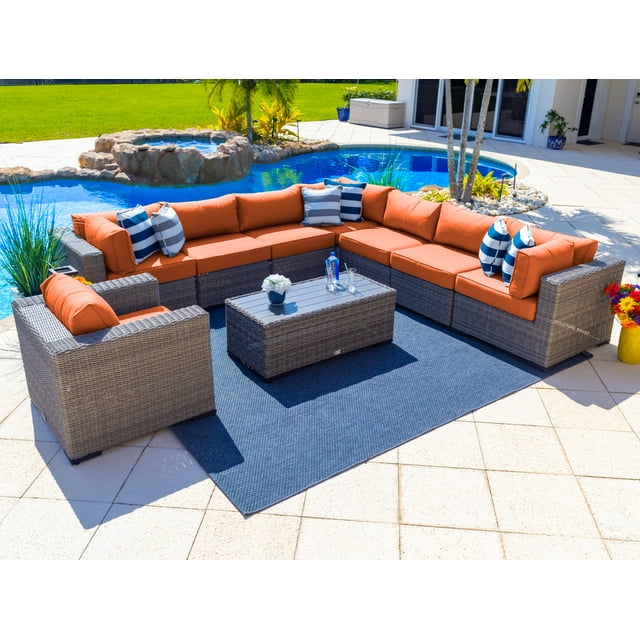Tuscany 9-Piece Resin Wicker Outdoor Patio Furniture Sectional Sofa Set with Seven Modular Sectional Seats, Armchair, and Coffee Table (Half-Round Gray Wicker, Sunbrella Canvas Tuscan)