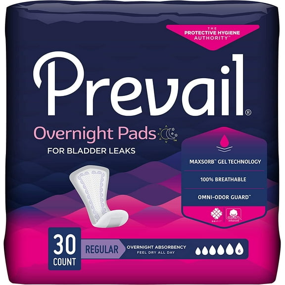 Prevail Incontinence Bladder Control Pads, Regular, Overnight Absorbency, 30 Count