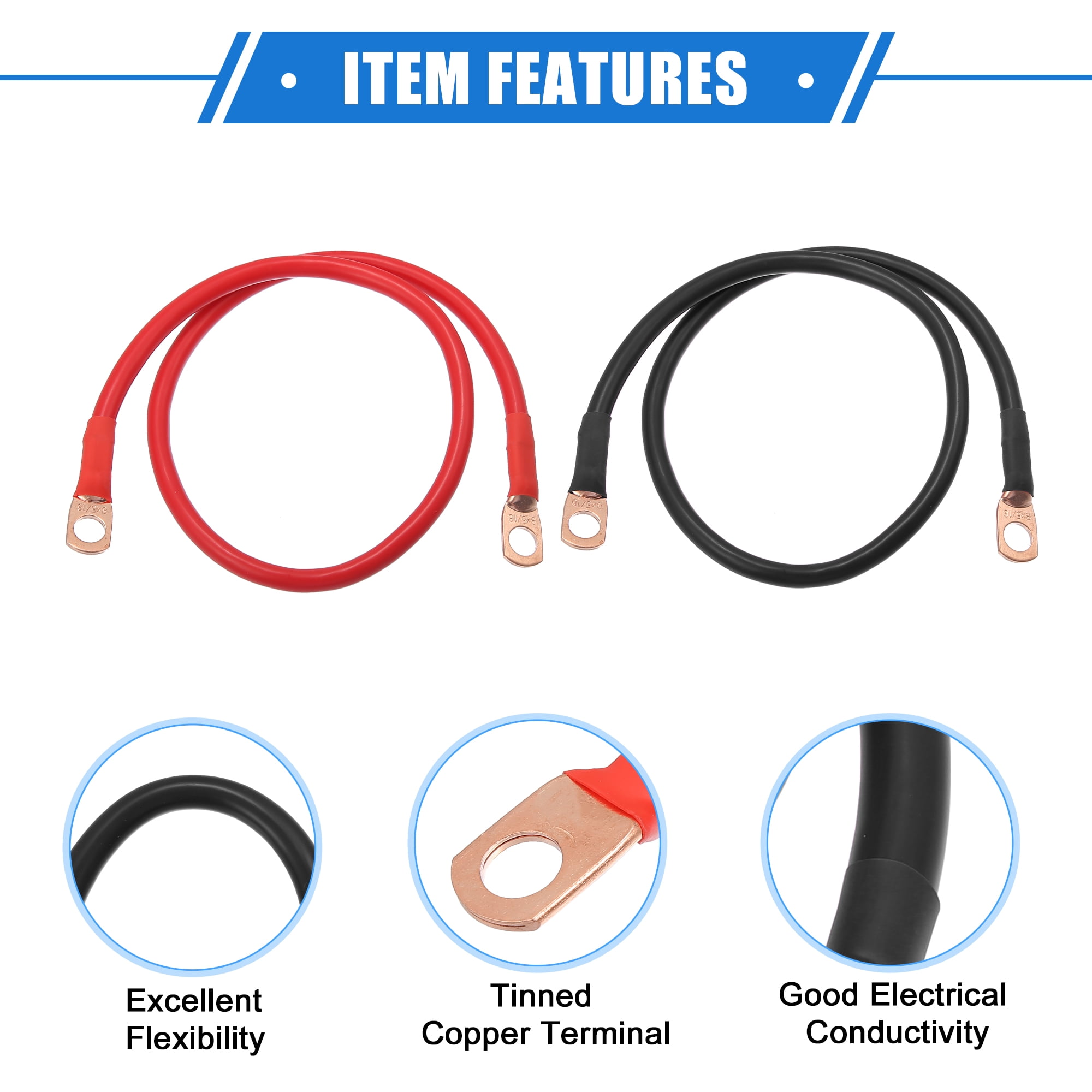 Unique Bargains 1 Pair 8 AWG Gauge 24" Battery Inverter Cables with 3/8" Ring for Car Vehicle RV Black Red 20Inch