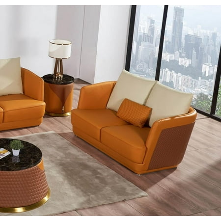 Italian Leather Sand Orange Brown Loveseat GLAMOUR EUROPEAN FURNITURE Modern
