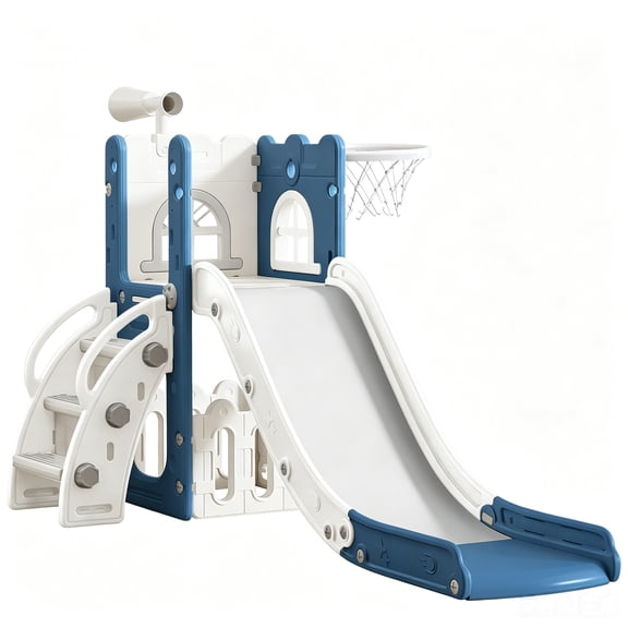 6-in-1 Toddler Slide Play Set for Ages 1–3, Multi-Functional Indoor Outdoor Kids Slide with Basketball Hoop & Telescope, L-Shaped Children Slidem, Blue