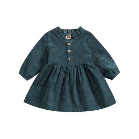 

Genuiskids Toddler Baby Girls Fall Corduroy Dress Solid Color Long Sleeve Ruffle Collar Button A-line Dress Spring Winter Outfits 0-4T