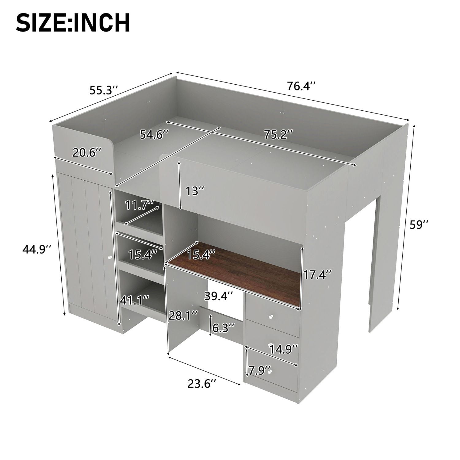 Full Size Loft Bed Frame with Built-in Wardrobe, Desk, 3 Drawers and Storage Shelves, Wood and MDF, No Box Spring Required