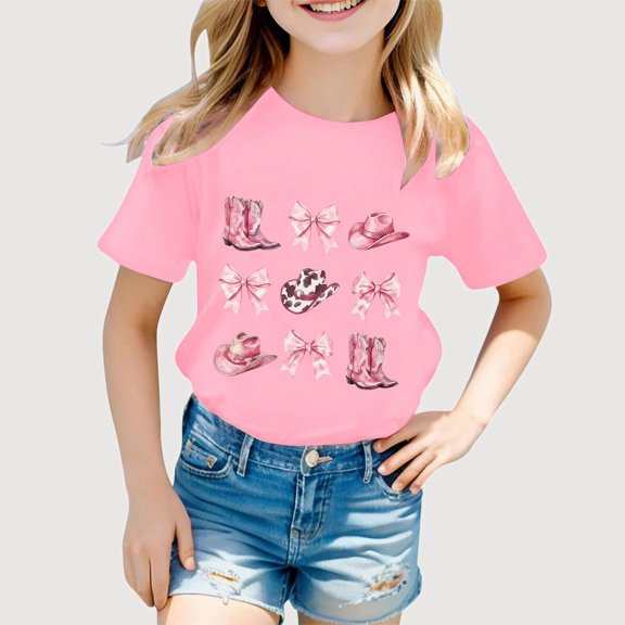 Gyujnb Fashionable Casual Western Print Round Neck Short Sleeved T Shirt Top (Girls),3-4 Years