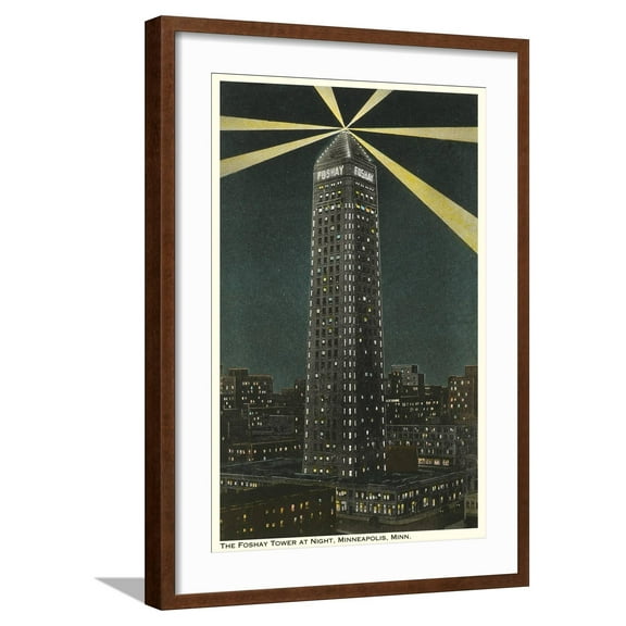 Art.com Night, Foshay Tower, Minneapolis, Minnesota Art Print, Brown Frame Wall Art, 21" x 29"