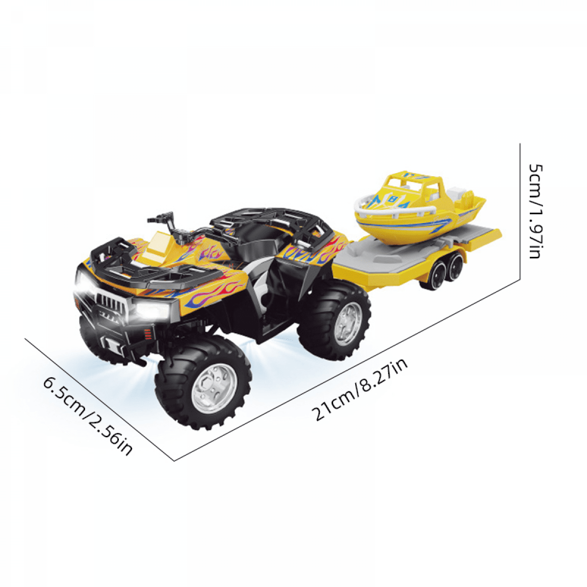 Mini RC Truck with Trailer Boat for Adults 4-wheels 1:64 Alloy Remote Control Car with Lights, Desktop Off-road Motorcycle for Kids Gifts(Yellow)