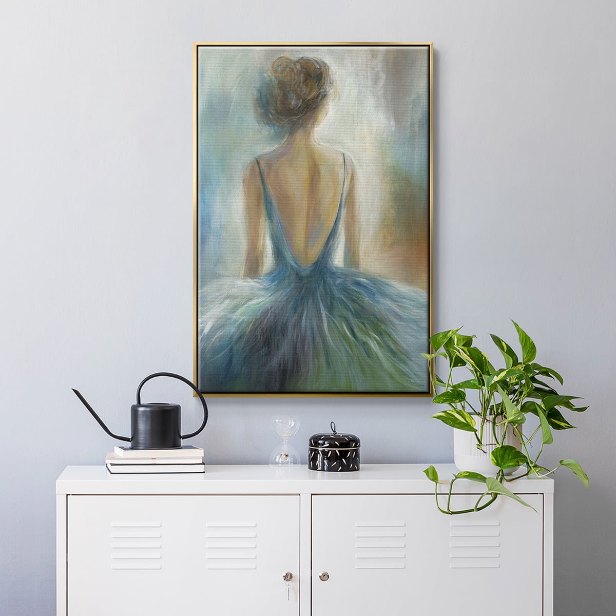 Lady in Blue Framed Premium Gallery Wrapped Canvas - Ready to Hang - 27 x 41 - Gold Floating Frame