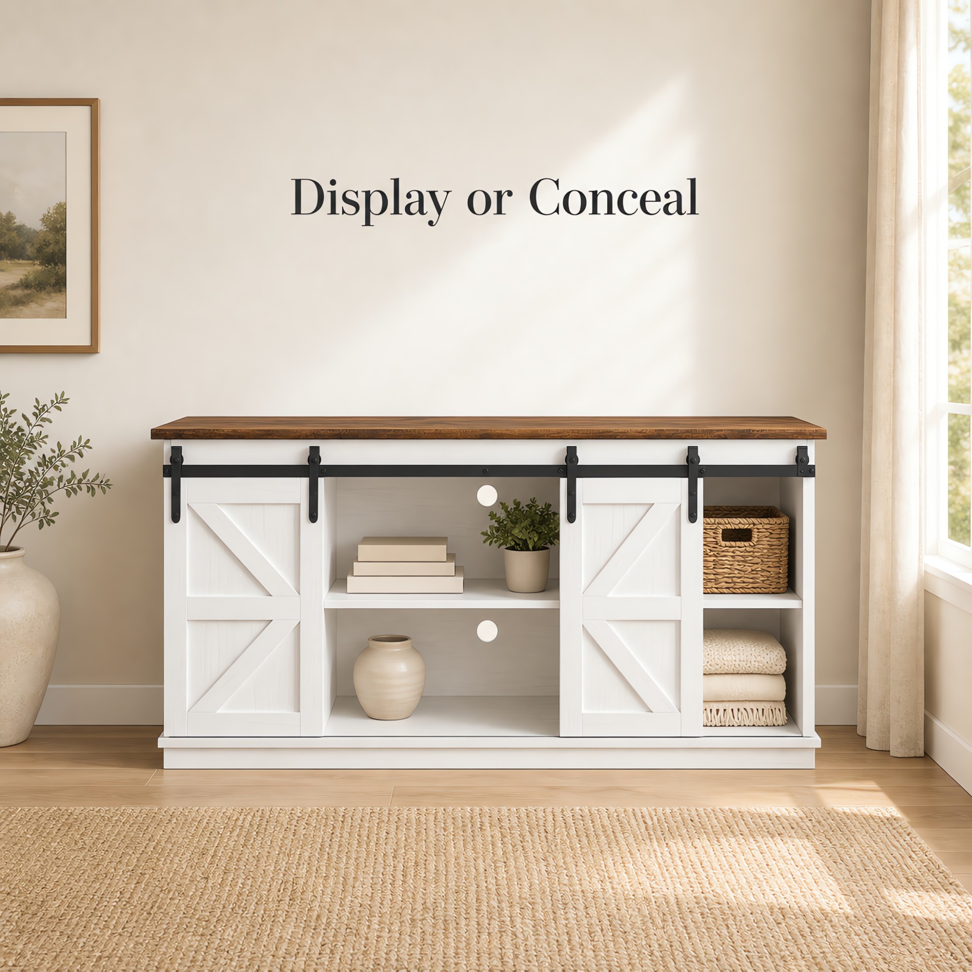 Vineego 58" Farmhouse TV Stand with Sliding Barn Doors, Milk White photo 6
