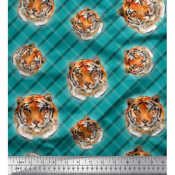 Soimoi Crepe Silk Fabric Check & Tiger Face Animal Print Fabric by the Yard 42 Inch Wide
