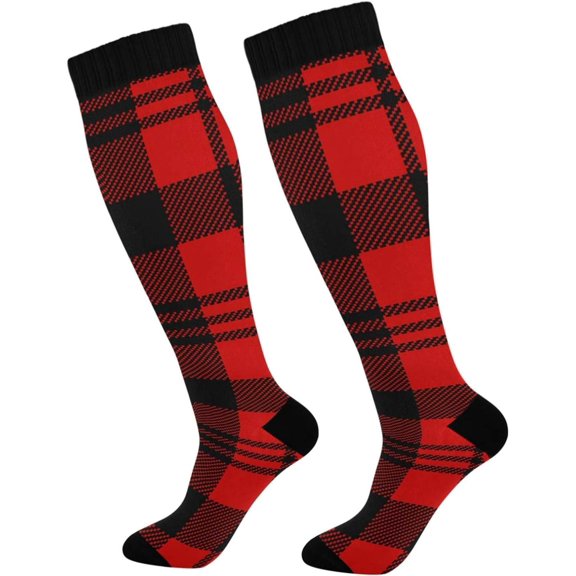 GZHJMY Buffalo Plaid Compression Socks, Women Men Long Stocking (20-30mmHg), Travel Knee High Stockings for Athletic Sports,Running,Cycling,Nursing