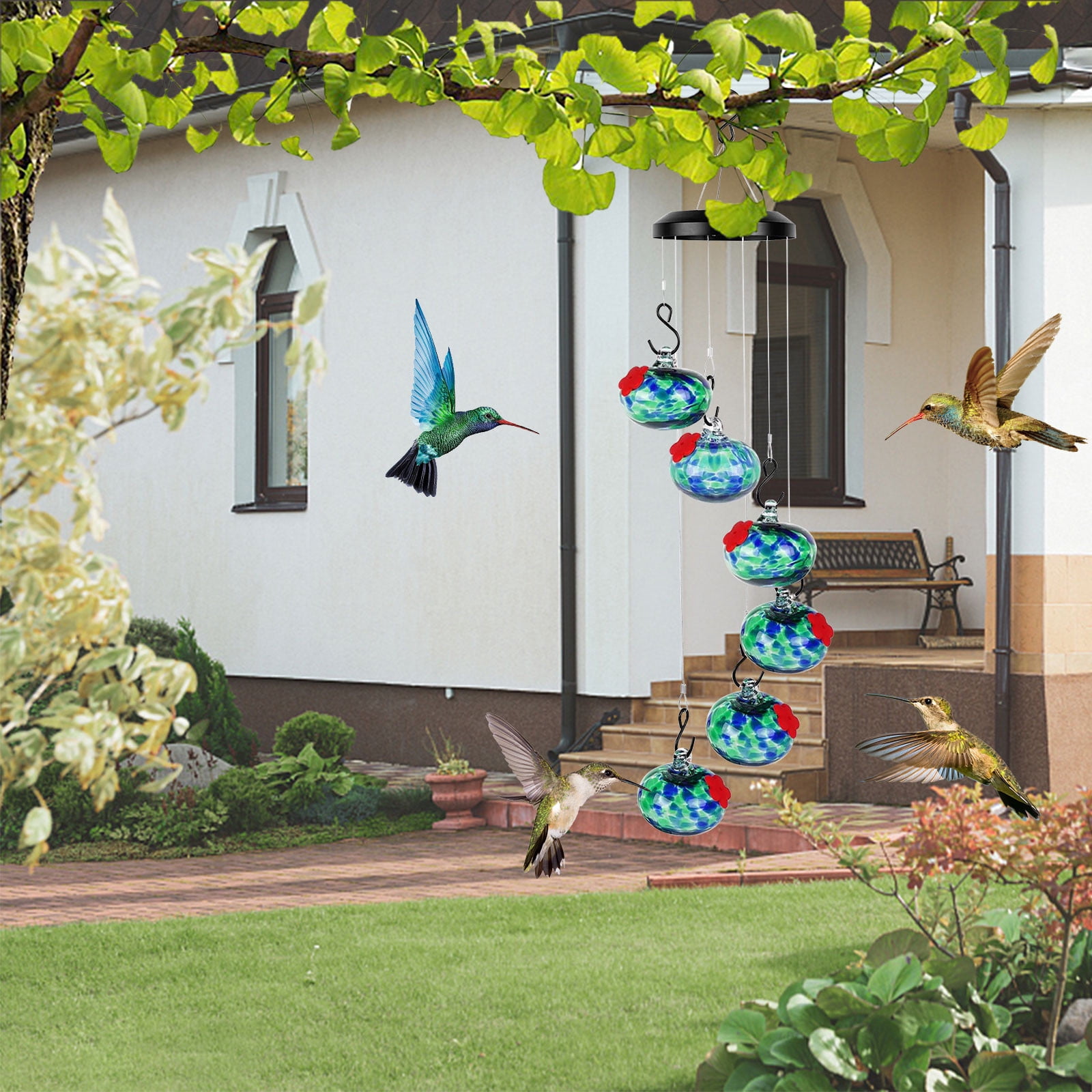 Djiypn 2025&nbsp;Wind Chimes Hummingbird Feeder for Outdoors, Unique Hanging Glass Bird Feeder Perfect Garden Decor for Window Garden Patio
