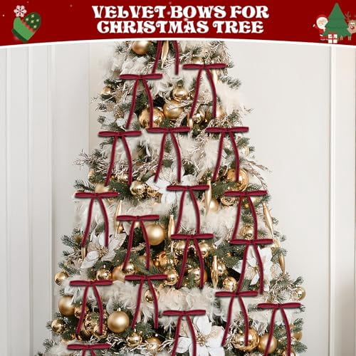 24 Count Rustic Red Velvet Christmas Ornaments and 5x7 Inch Pre-Tied Bows for Tree, Wreath, Garland, Gift Wrapping, and Vintage Holiday Home Decor