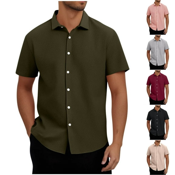 Summer Fashion Plus Size Tops for Men Casual Solid Color Turndown Collar Button Short Sleeved Shirt