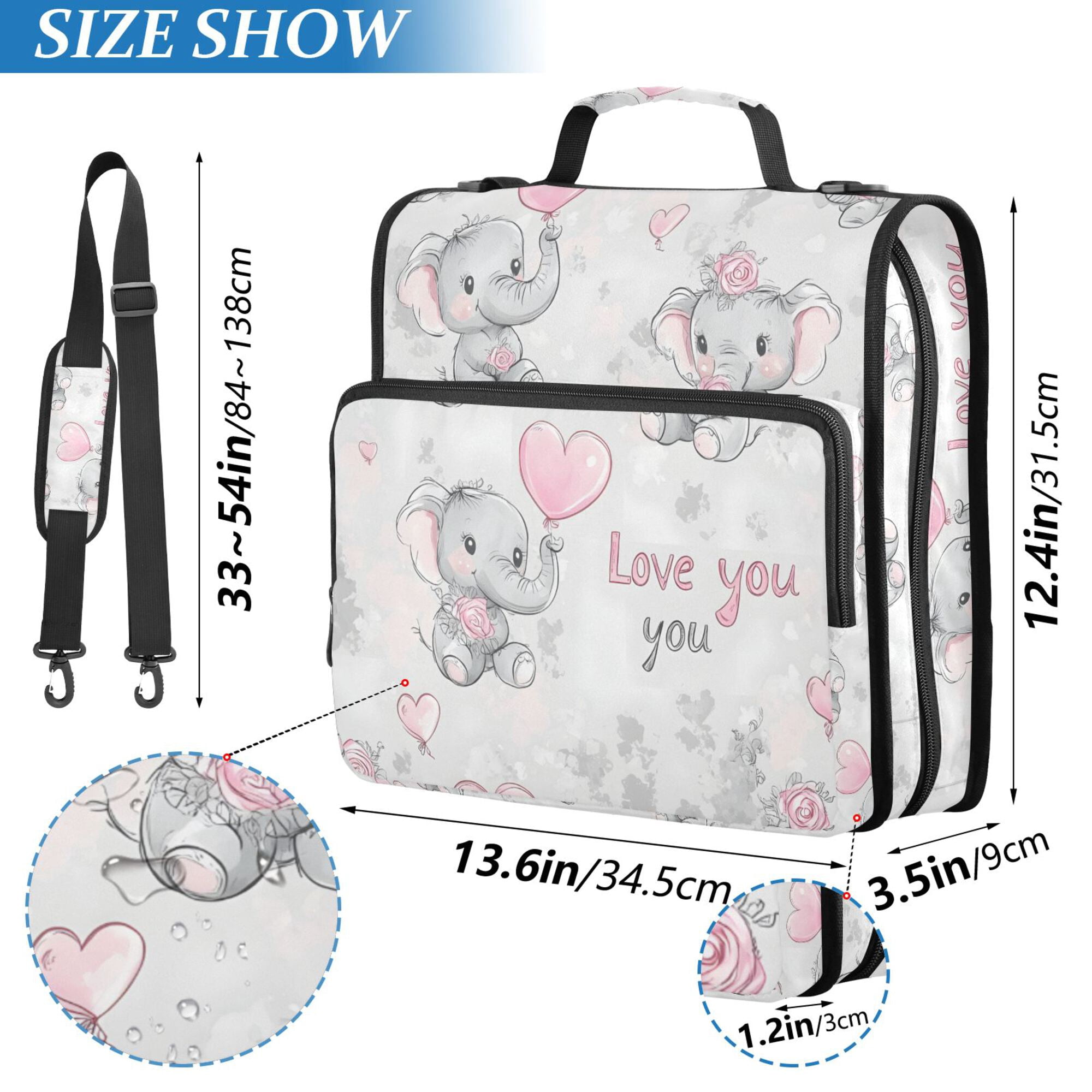 FORMRS Zipper Binder with Shoulder Strap 2-inch Ring 500 Sheet Capacity File Bag, Cartoon Elephant