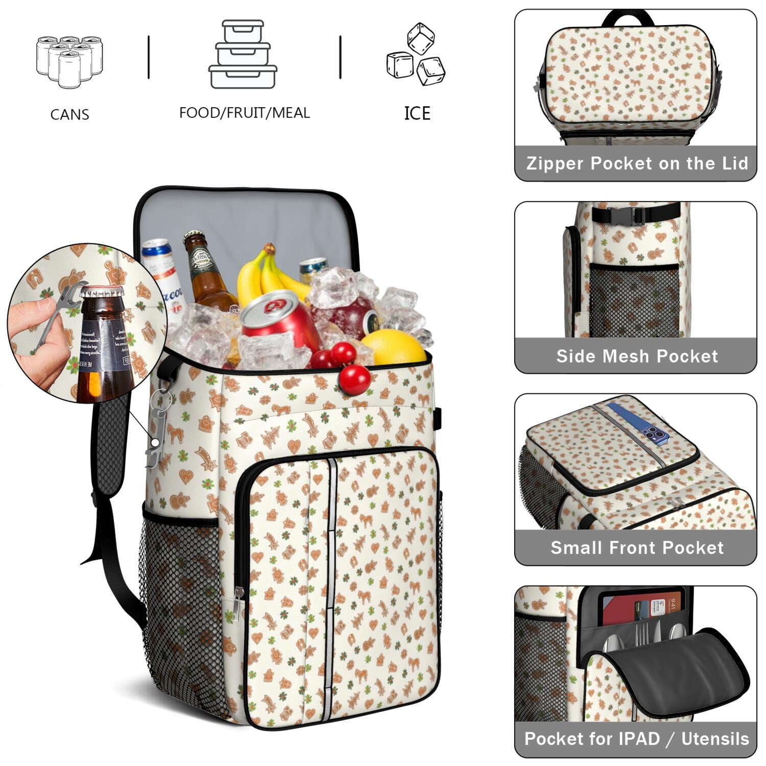 Travel Cooler Bag - Beige Christmas Gingerbread Pattern Camping Beer Cooler Backpack with Bottle Opener- Waterproof Insulated Picnic Backpacks - Cooler Bag for Beach