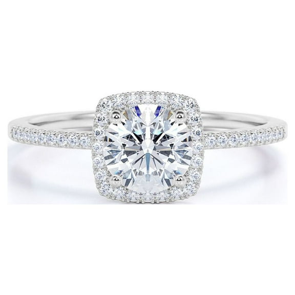 JeenMata Cushion Halo Design 1 Carat Round Cut Moissanite Pave Prong Set Engagement Ring In 18K White Gold Plating for Women