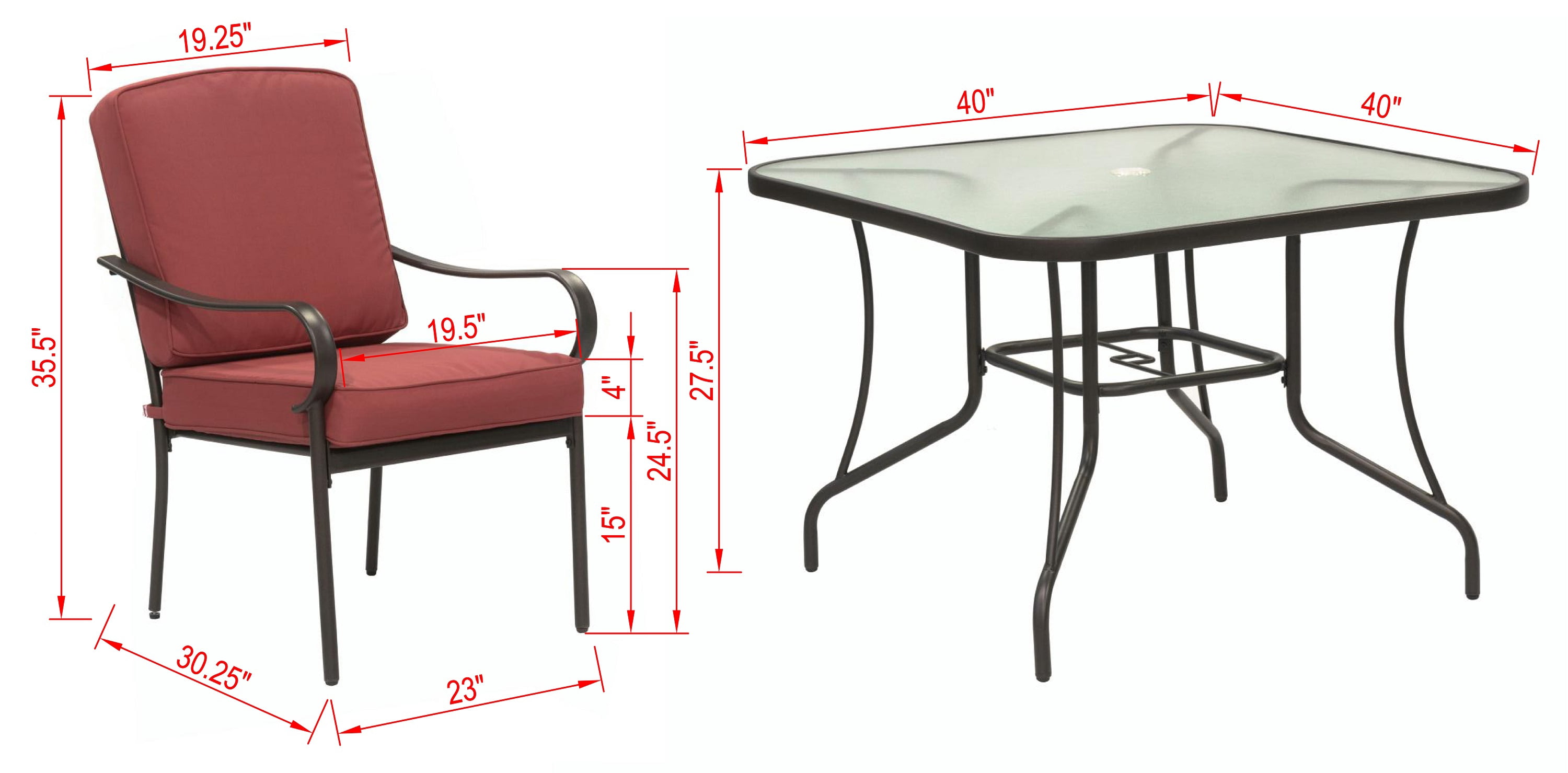 Outdoor Patio Garden Furniture Augusta 5-Piece Dining Set with 4 Cushioned Chairs, 1 Square Dining Table - Red