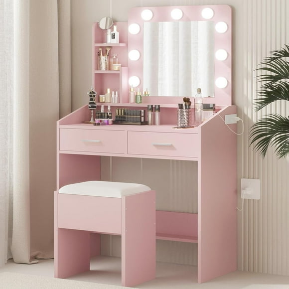 Makeup Vanity Desk with Power Outlet & Lights - Adjustable 3-Color Lighting, 2 Drawers, Cushioned Stool