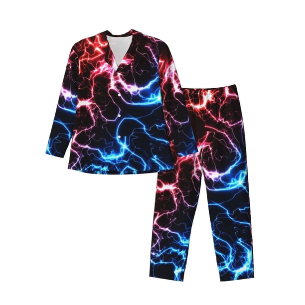 Balery Red And Blue Lightning Pijama para Hombre de Dos Piezas con Manga Larga, Conjunto de Dormir y Descanso Suave con Bolsillos-Large